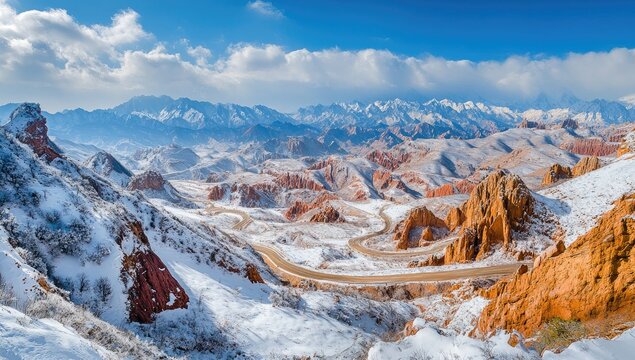 Panoramic winter mountain road.  Snowy peaks, vibrant colors