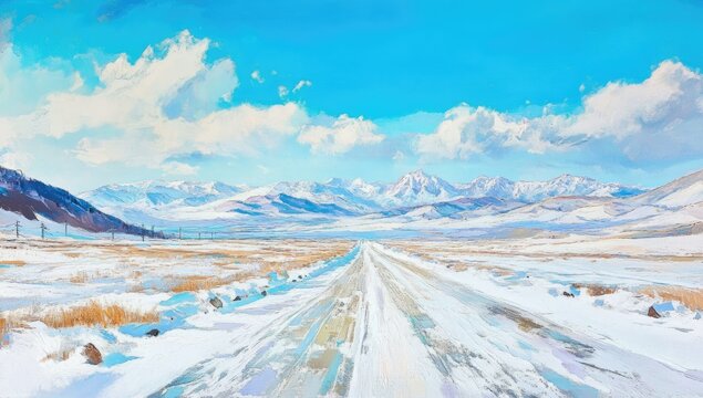 A snowy winter road winds through a vast landscape, towards a range of snow-capped mountains under a vibrant, pastel sky