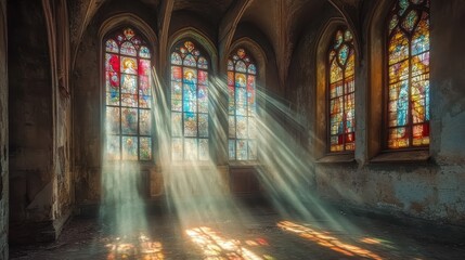 Sunlight streams through stained glass windows inside an old church. Ideal for illustrating faith, spirituality, history, or architecture.