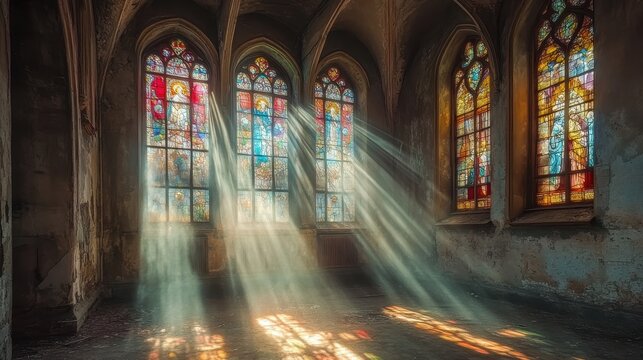Sunlight streams through stained glass windows inside an old church. Ideal for illustrating faith, spirituality, history, or architecture.
