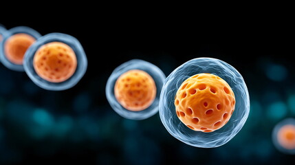 Group of human cells or embryos against dark background. Concept of microbiological and biomedical research. For science presentation.