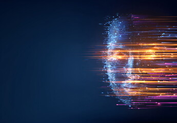 Abstract human face represented by glowing data lines and light trails. Artificial intelligence and big data concept for technological innovation.
