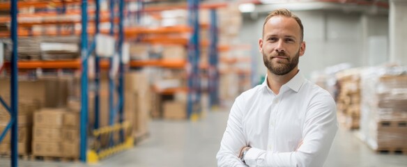 The confident warehouse manager overseeing operations in a modern logistics facility.