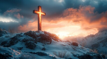 Fiery cross atop snowy mountain peak at dawn