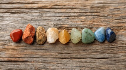 Seven chakra stones aligned on weathered wood surface