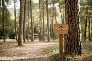 Minimalist forest path arrow sign on wood background
