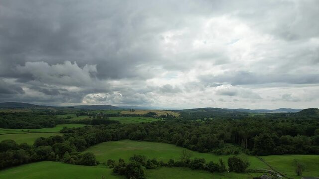 High Angle Footage of Village Countryside Landscape at Near Kendal Town, Lake District of England United Kingdom. Drone Camera Footage Was Captured on June 13th, 2025