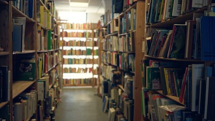 Obraz premium Blurred view of a library interior featuring defocused shelves filled with diverse books creating a bokeh effect under soft indoor lighting and a quiet academic atmosphere.