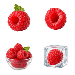 Fresh raspberries in bowl and ice cube on white background, isolated set  