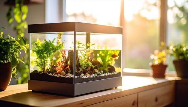 Serene Home Aquarium with Lush Plants and Goldfish. - Powered by Adobe