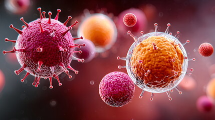 Abstract microscopic virus cells floating in fluid. Global pandemic and infectious disease outbreak. Medical science and health care concept.