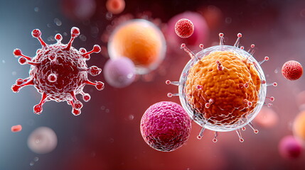 Abstract microscopic virus cells floating in fluid. Global pandemic and infectious disease outbreak. Medical science and health care concept.