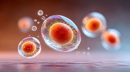 Close up view of human cell floating. Biology medical disease research and health concept. Microbiology and scientific laboratory scene.