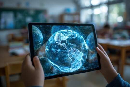 Close up of a child's hands holding a tablet displaying a digital representation of the Earth globe and planets in a classroom setting with desks.