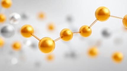 Abstract molecular structure with gold and silver spheres connected by transparent bonds, symbolizing scientific innovation and chemical research.