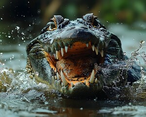 Obraz premium Crocodile s powerful jaws snapping shut on its prey