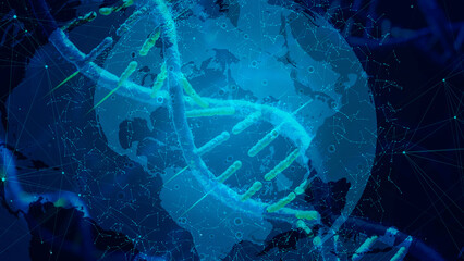 Digital DNA Strands Over Planet Earth Symbolizing Global Science and Technology