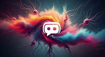 Abstract neural network illustration with a chat bubble icon in the center, representing artificial intelligence and communication technology concept.
