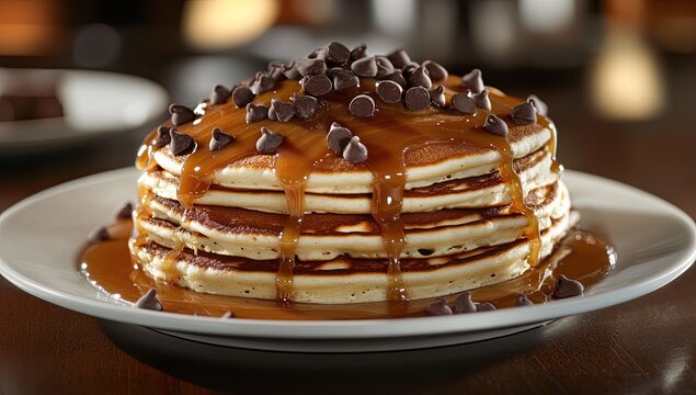 Stack of golden pancakes topped with caramel sauce and chocolate chips - Powered by Adobe