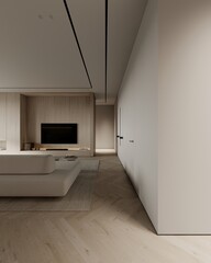 Interior of modern living room with white walls, wooden floor, comfortable white sofa and kitchen with wooden cabinets and bar in the background. 3d rendering