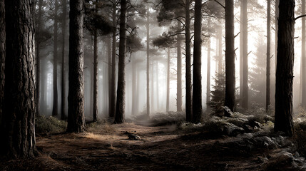 A dreamy vintage photograph of a misty pine forest, bathed in soft morning light, with fog drifting between the trees and creating an ethereal atmosphere.