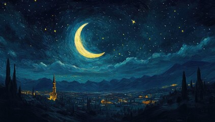 Fototapeta premium Crescent moon over a night city