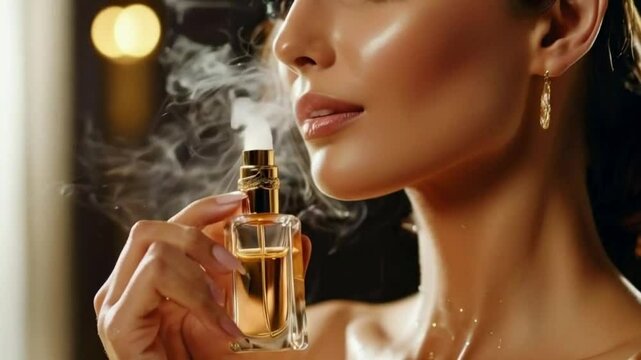 Elegant Woman Embracing Fragrance with Ethereal Mist in Warm Light