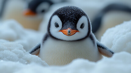 Adorable penguin chick standing in snowy landscape with blurred adult penguins in background