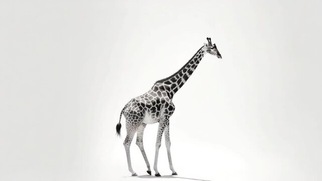 A graceful giraffe walking elegantly across a minimalist white background, showcasing its unique patterns