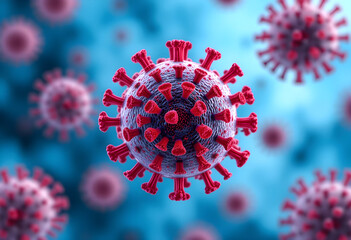 3D Influenza virus particle with hemagglutinin and neuraminidase proteins.