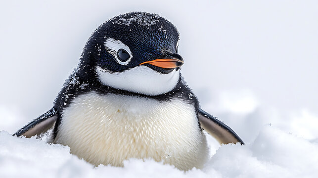 A young penguin resting on a snowy landscape, surrounded by a serene winter environment - Powered by Adobe