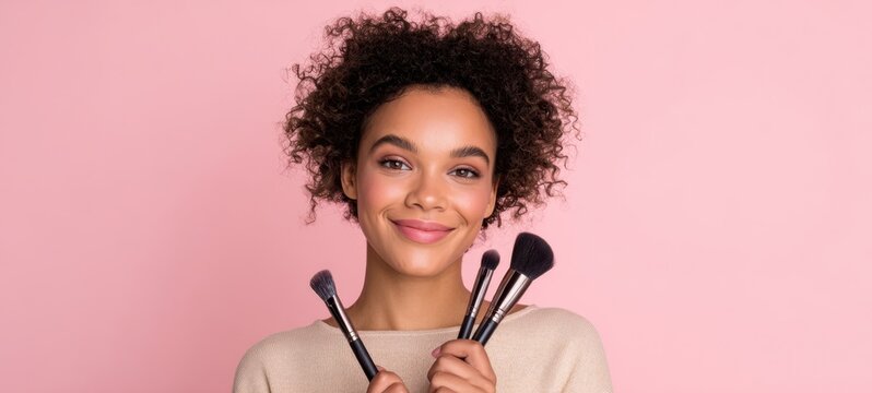 The woman holding makeup brushes against a pink background with a smile. - Powered by Adobe