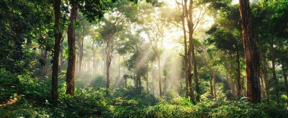 The enchanting forest bathed in golden sunlight and vibrant greenery.