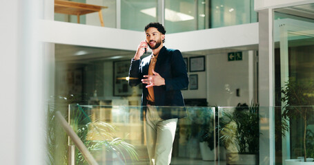 Businessman, discussion and office with phone call for negotiation or proposal at workplace. Man,...