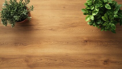 Light brown wooden surface with potted plants