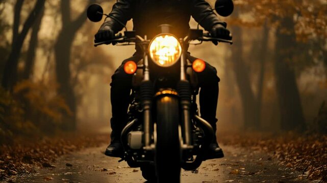 Rider's Journey: A lone rider fearlessly embarks on an adventure through a misty autumn road, illuminated by the warm glow of his motorcycle's headlamp