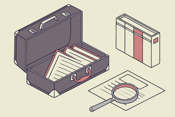 Open briefcase with documents files and magnifying glass