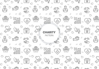  Seamless pattern with charity icon set. charity and donation icon set, Help, volunteer, donated assistance, sharing, and solidarity symbol. Solid icons vector collection.