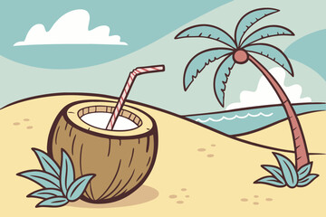 Tropical beach scene with coconut drink