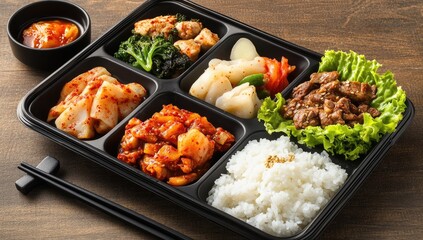 Diverse Korean bento box with various side dishes and rice