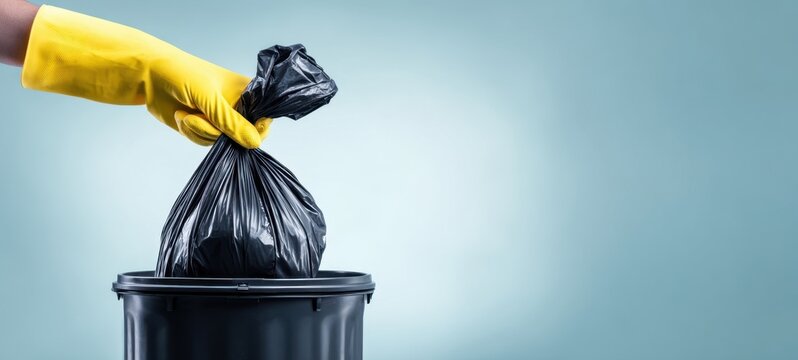 The hand wearing a yellow glove holds a black garbage bag over a bin.
