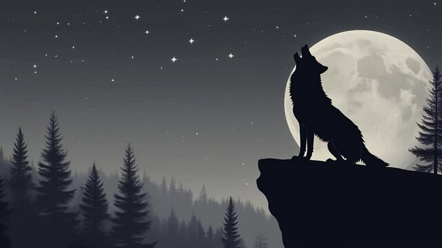 Looping footage of a black silhouette of a wolf howling on a cliff under a full moon. Starry night sky and forest background create a dramatic and mysterious wilderness atmosphere