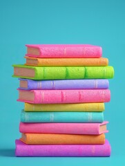 A stack of books with bright covers in neon and pastel shades against a turquoise wall.