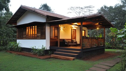 A small, cozy, wooden cottage nestled in a tropical garden at dusk.  Wooden siding, a covered porch, and  windows with warm interior light