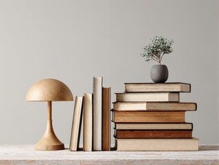 A wooden table with a stack of books, a wooden table lamp and a potted plant on it.