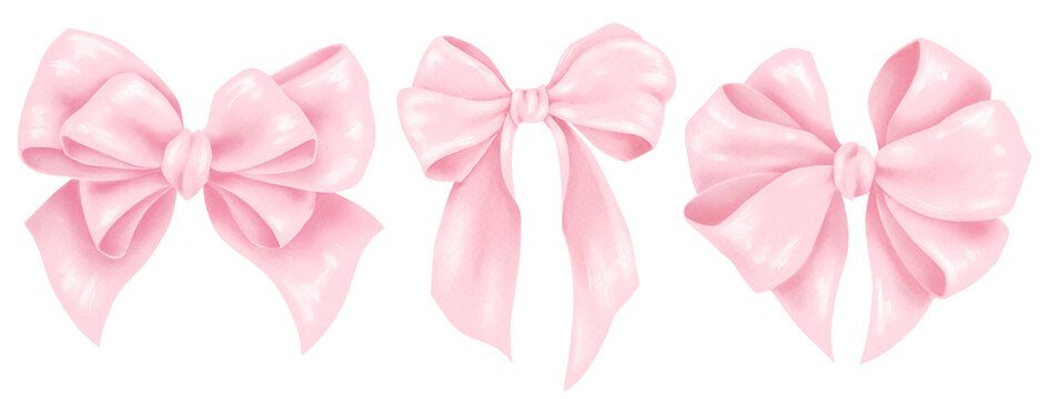Pink  Bow Illustration. Hand Draw coquette bow pink ribbon, bow knots, bow ties, ribbons, and hair bows for gift wrapping, decorations, fashion, and festive designs. Cute elegant bow