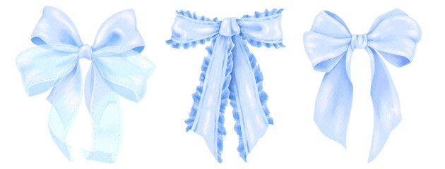 Watercolor blue bow delicate ribbons, hand-painted elegant blue bows on transparent background, for gift decoration, fabric, scrapbooking, banner , card, wrapping paper, baby shower