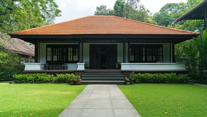 Front view of a traditional house with terracotta roof, dark-toned trims, and a paved walkway. Lush green lawn surrounds the property