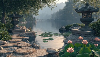 Serene Asian garden landscape by a lake, stone lanterns, and lily pads