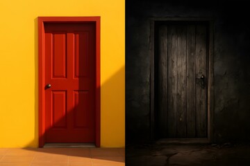 Contrasting Door Designs: A Vibrant Red Door Against a Dark Wooden Door, Showcasing Bold Colors and Textures in Architectural Elements, Front and Back Symbolic